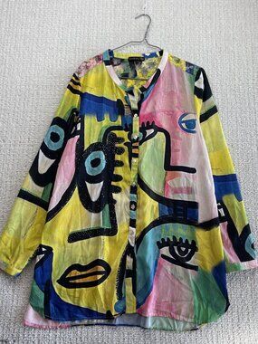 Jane & John Artsy Button Blouse Fairycore Boho Lace Picasso Flowy Wom Sz L Alt